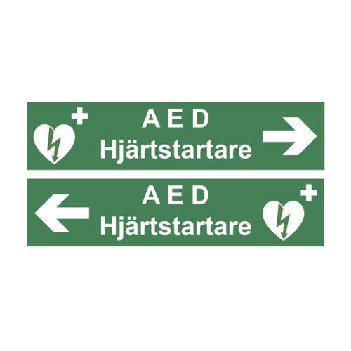 Nödskylt med text "AED/Hjärtstartare", dubbelsidig med hänvisningspil höger eller vänster.